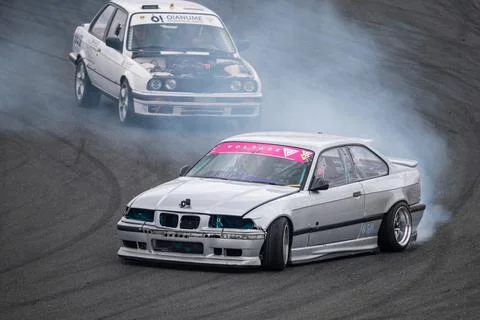 Bmw E36 drift at the Navarra circuit Stock Photos