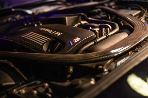 Bmw m power engine closeup with carbon fiber details Stock Photos