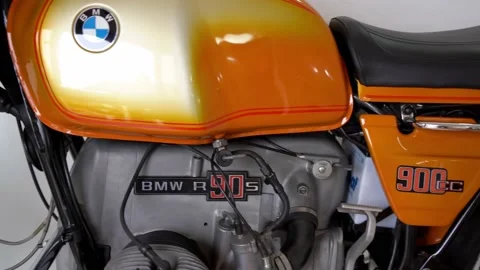 BMW R 90 S, view of classic antique motorcycle with boxer engine from Germany Stock Footage 237453777