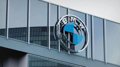 BMW Stock data presented on the logo of the office facade editorial Stock Photos