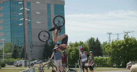 BMXer front flip slow motion skatepark Stock Footage 157166350