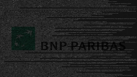 BNP Paribas logo made of source code on computer screen. Editorial loopable Stock Footage 92206032