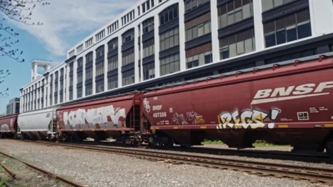 BNSF Railroad Freight Train Wagons in Seattle, Washington Stock Footage 244054617