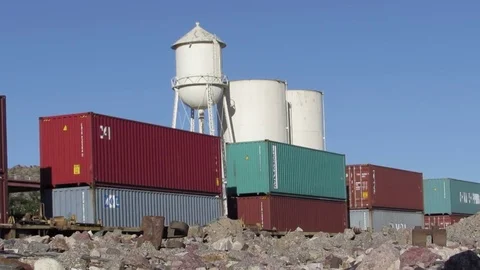 BNSF Railway freight car containers passing near the Kingman AZ Railroad Depot Video stock 80461849