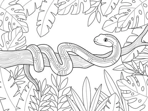 Boa constrictor on a branch. Tree leaves background. Children coloring book. Stock Illustration