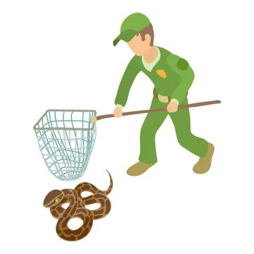 Boa constrictor icon isometric vector. Man in uniform with landing net near boa Stock Illustration