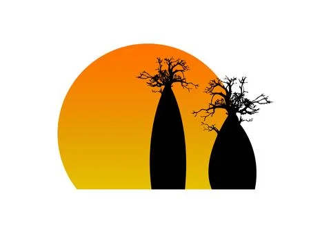 Boab or Baobab Tree set vector trees silhouette logo concept icon, sunset sign Stock Illustration