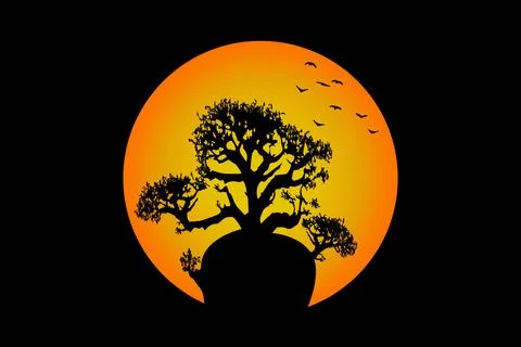 Boab tree with moon and birds flying around the tree. Baobab Tree landscape Stock Illustration