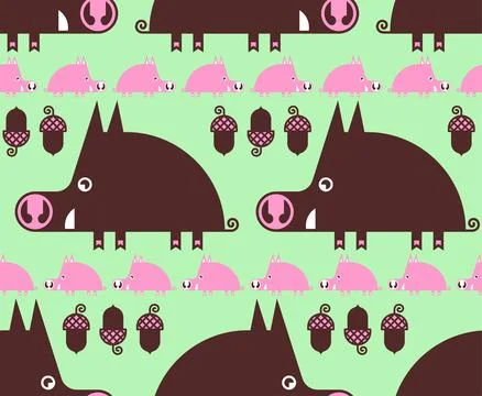 Boar pattern seamless. Cute hog and offspring background. Wild pig texture... Stock Illustration