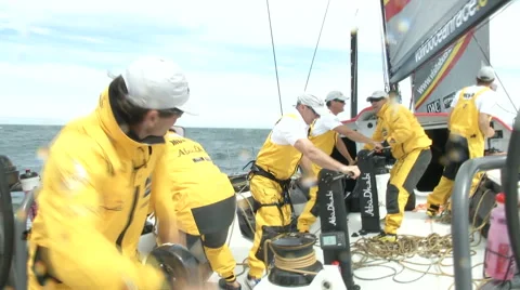 On board Abu Dhabi sailing team, Volvo Ocean Race boat Stock Footage