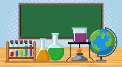 Board and school items in the classroom Stock Illustration