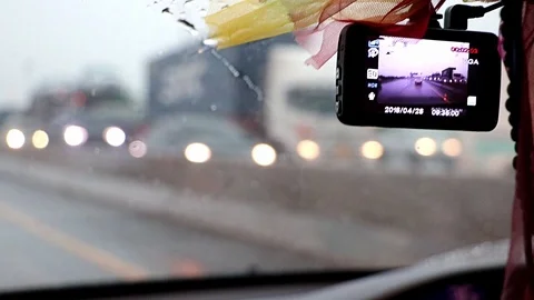 The on-board camera monitors traffic while driving on the highway. Stock Footage 93778627