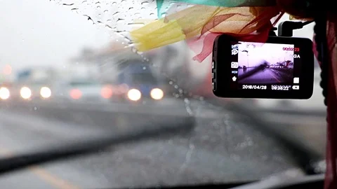 The on-board camera monitors traffic while driving on the highway. Stock Footage 97208057