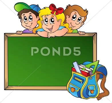 Board with children and school bag Stock Illustration