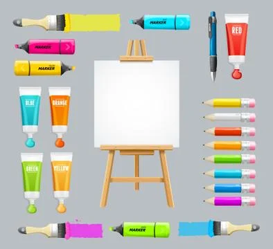 Board Easel Blank Empty and Painting Accessories Set. Vector Illustrazione stock