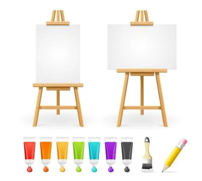 Board Easel Blank Empty Template and Painting Accessories Set. Vector Stock-Illustration