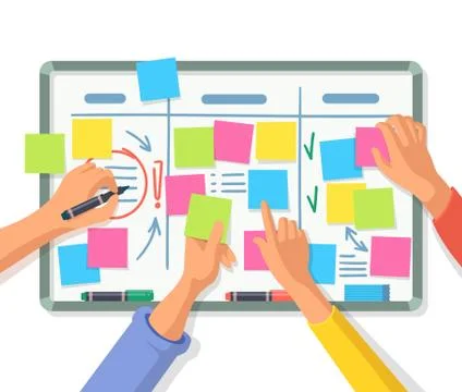 Board with empty stickers or notes, people hands Stock Illustration