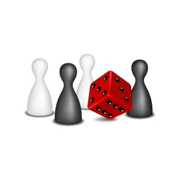 Board game figures in black and white design and red die Stock Illustration