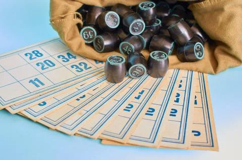 Board game. Lotto. Cards and a bag of barrels. Stock Photos