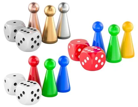 Board game pieces and dice, different colors. 3D rendering Stock Illustration