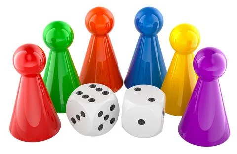 Board game pieces colored and dice, 3D rendering Stock Illustration
