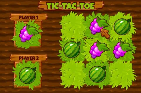 Board game TIC-TAC-TOE. Farm themed wit watermelon and grape players . Grou.. Stock Illustration