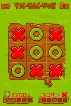 Board game TIC-TAC-TOE. Grass background with wooden board. Spring holiday .. Stock Illustration