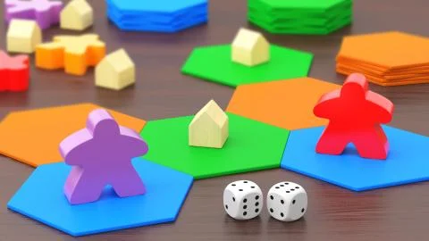 Board game, two figures and dice. 3D rendering. Stock Illustration
