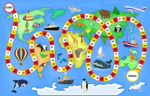 Board game vector cartoon kids boardgame on world map background with playing Stock Illustration