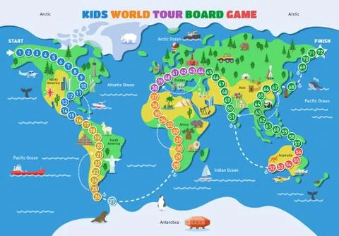Board game vector world gaming map boardgame with ocean continents gameboard Stock Illustration