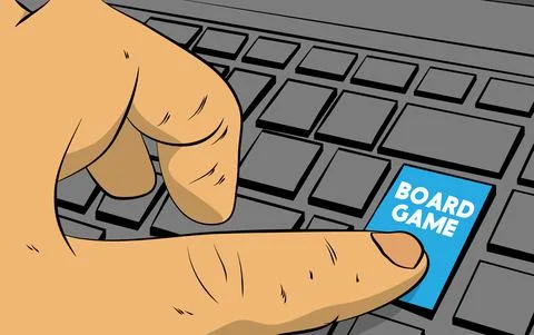 Board Game word on computer keyboard. Man push keypad on laptop. Comic book s Stock Illustration