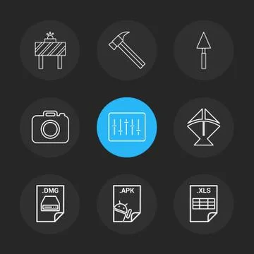 Board , hammer , camera , apple dmg file , spade , equilizer  , kite , excel  Stock Illustration