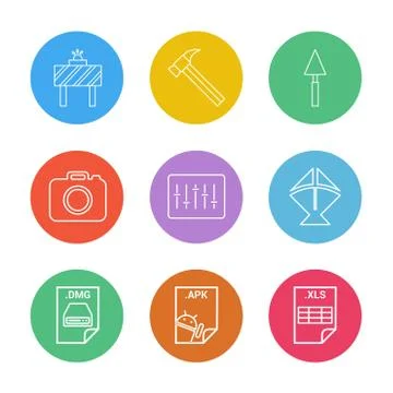 Board , hammer , camera , apple dmg file , spade , equilizer  , kite , excel  Stock Illustration