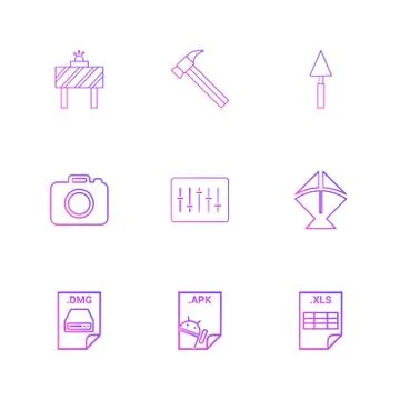 Board , hammer , camera , apple dmg file , spade , equilizer  , kite , excel  Stock Illustration