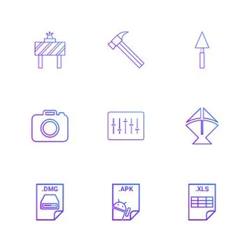Board , hammer , camera , apple dmg file , spade , equilizer  , kite , excel  Stock Illustration