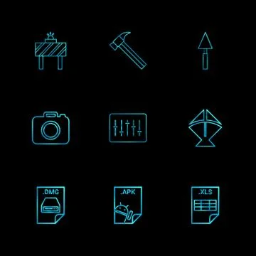 Board , hammer , camera , apple dmg file , spade , equilizer  , kite , excel  Stock Illustration