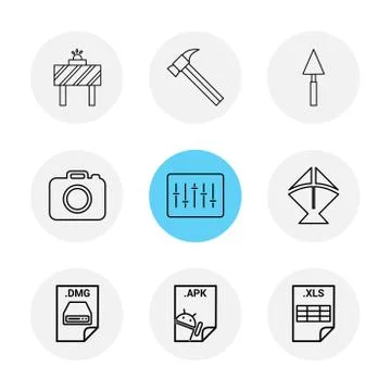 Board , hammer , camera , apple dmg file , spade , equilizer  , kite , excel  Stock Illustration
