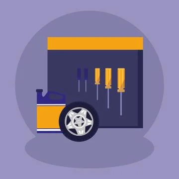 Board with mechanic tools hanging and tire car Stock Illustration