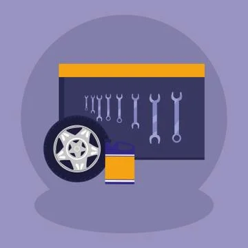 Board with mechanic tools hanging and tire car Stock Illustration