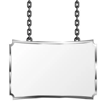 Board in a metal frame hanging on chains. Silver signboard. Isolated vector i Stock Illustration