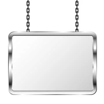 Board in a metal frame hanging on chains. Silver signboard. Isolated vector i Stock Illustration