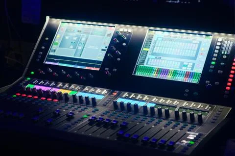 Board mixing console. Mixer. The sound engineer's console. Sound engineer's f Stock Photos