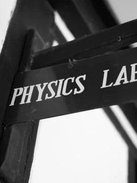 BOARD WITH 'PHYSICS LAB' SIGN Stock Photos