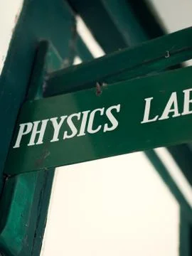 BOARD WITH 'PHYSICS LAB' SIGN Stock Photos