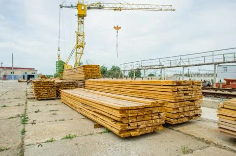 Board pine stack building materials high parallel folded dry building design Stock Photos
