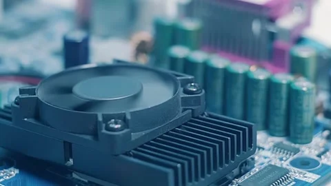 On board with processor smoke appears and is sucked in by the fan Stock Footage 313152967