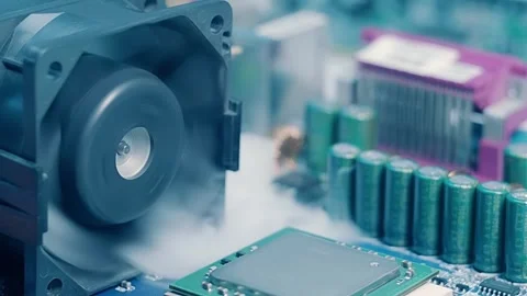 On board with processor smoke appears and is sucked in by the fan Stock Footage 313152974
