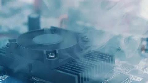 On board with processor smoke appears and is sucked in by the fan Stock Footage 313161276