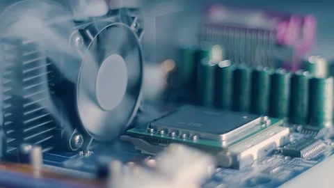 On board with processor smoke appears and is sucked in by the fan Stock Footage 313206059