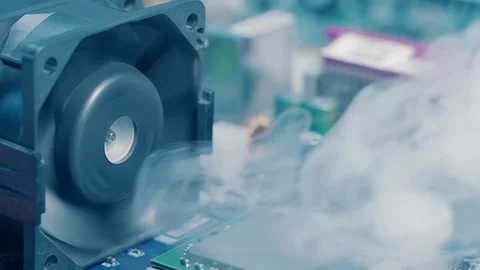 On board with processor smoke appears and is sucked in by the fan Stock Footage 313224947